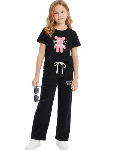 WEET Cotton Printed Night Suit for Girls | Palazo Set Black