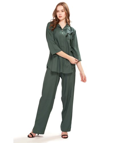 Women’s Embroidered Rayon Co-ord Set – Short Kurti Collar Top & Bottom with Pockets - Dark Green
