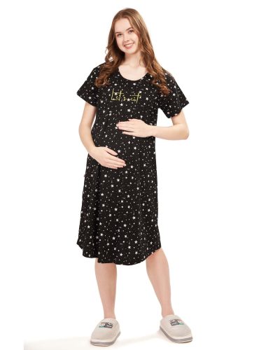 WEET Women's Cotton Heart Knee Length Maternity Nighty ,Feeding Nighty Black 9409