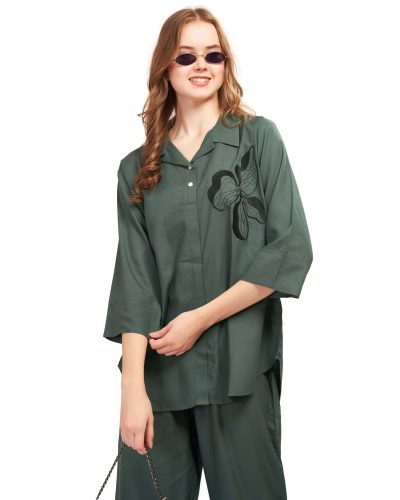 Women’s Embroidered Rayon Co-ord Set – V-Neck Top & Bottom with Pockets – Wine