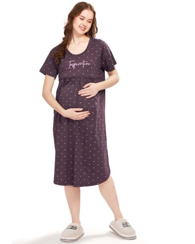 WEET Women's Cotton Heart Knee Length Maternity Nighty , Feeding Nighty Purple 9405