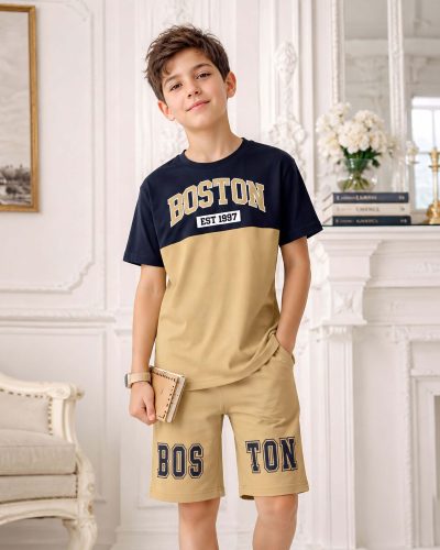 Boys Cotton Shorts Nightsuit Set | Printed T-Shirt & Shorts - Khaki