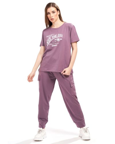 WEET Women's Printed Track Suit T-Shirt Trackpant Co-Ord Set - Onion Purple