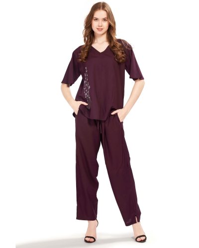 Women’s Embroidered Rayon Co-ord Set – V-Neck Top & Bottom with Pockets - Wine