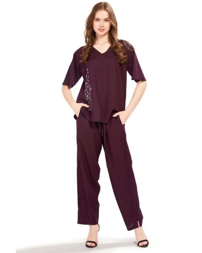 Women’s Embroidered Rayon Co-ord Set – V-Neck Top & Bottom with Pockets – Wine