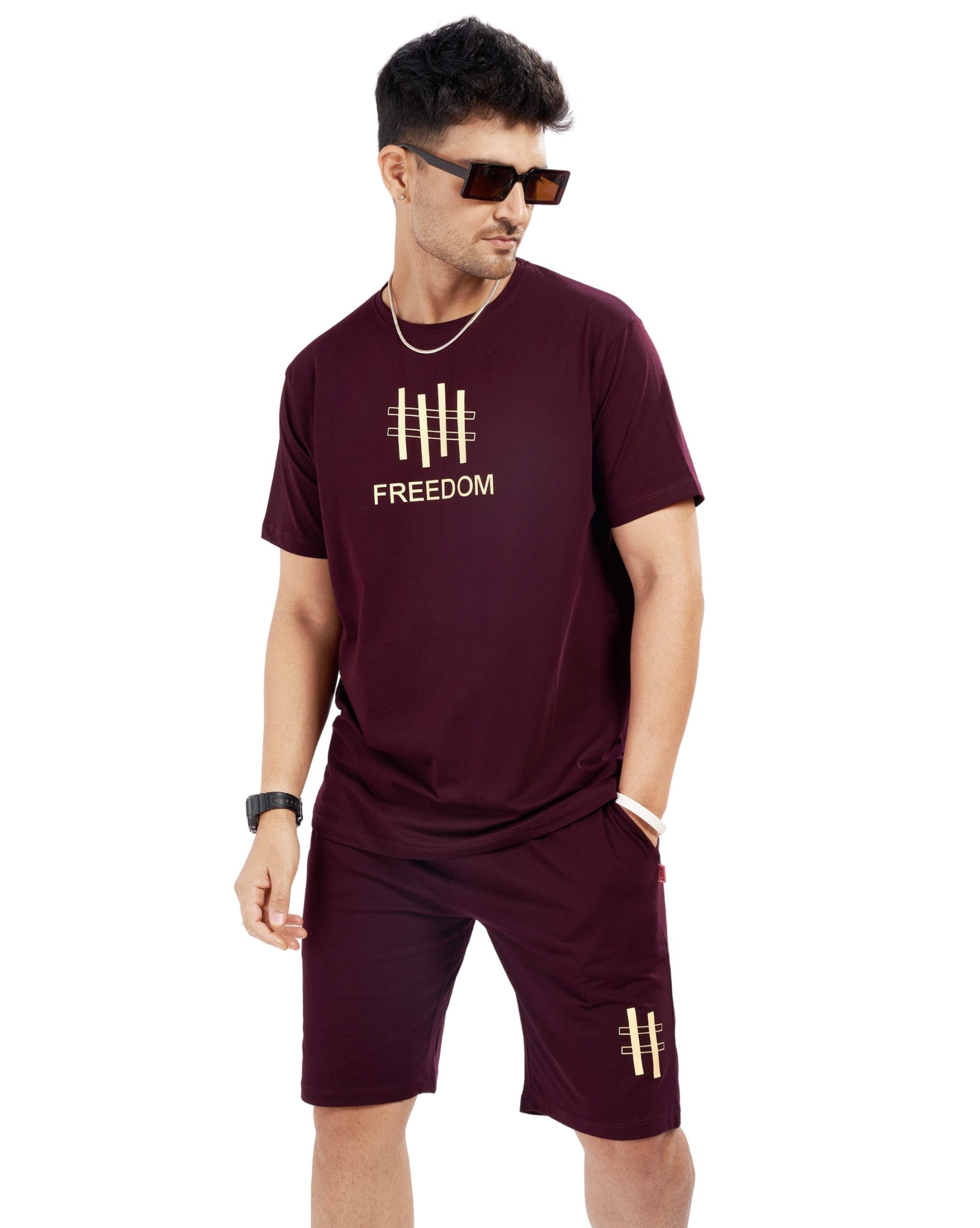 Side view of Men's mehroon Casual Short Set highlighting comfort and style Side view of Men's mehroon Casual Short Set highlighting comfort and style