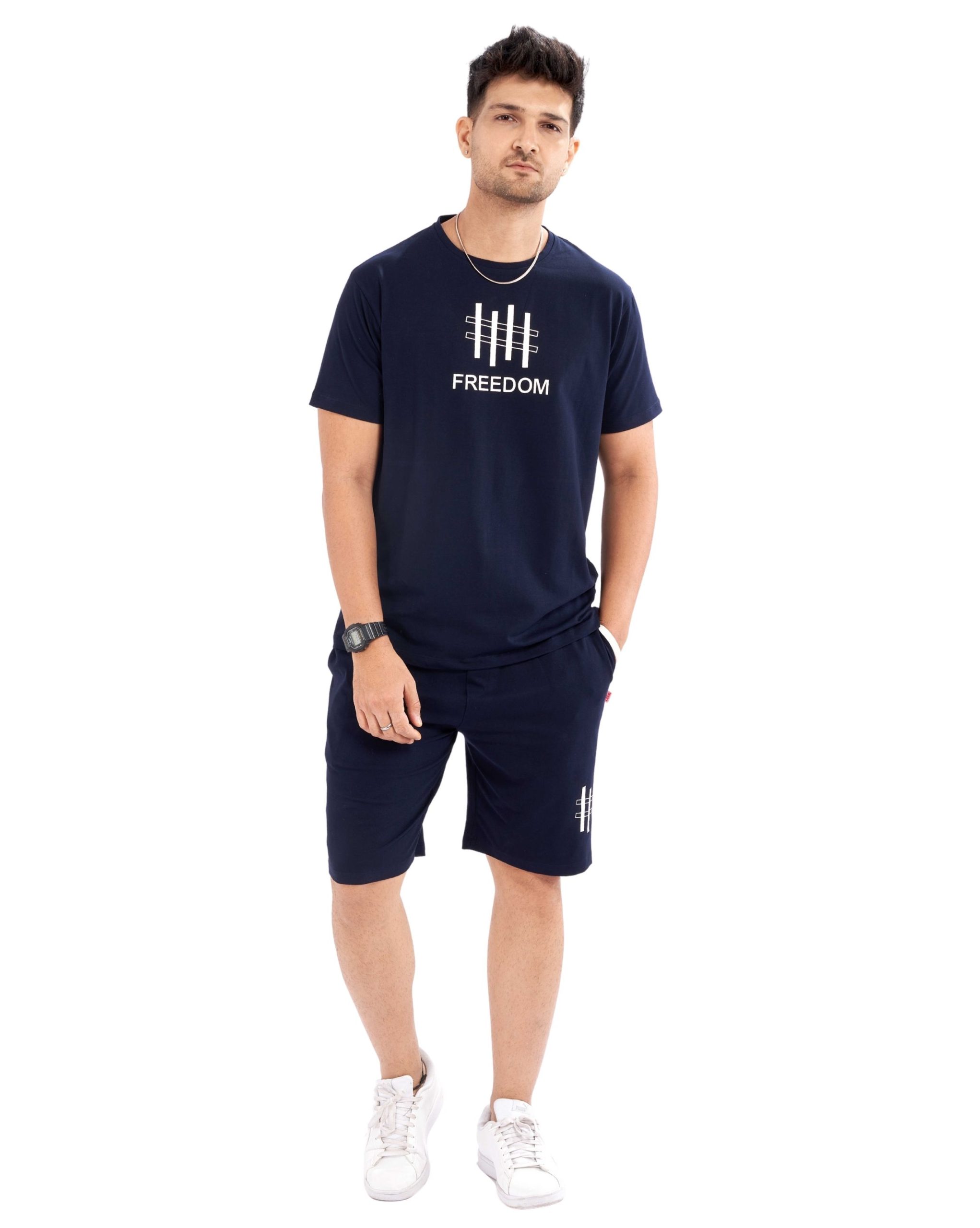Front view of Men's Navy Blue Casual Short Set with Freedom print" Front view of Men's Navy Blue Casual Short Set with Freedom print"