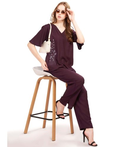 Women’s Embroidered Rayon Co-ord Set – V-Neck Top & Bottom with Pockets – Wine