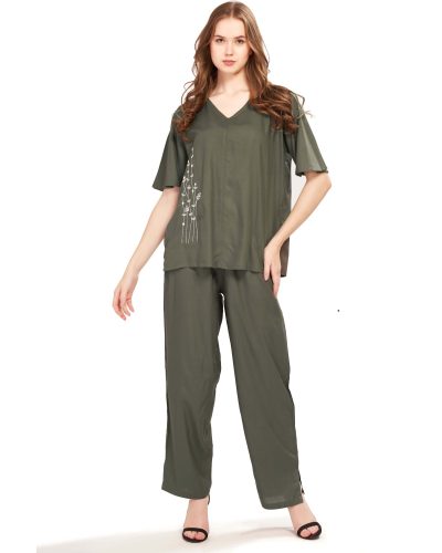 Women’s Embroidered Rayon Co-ord Set – V-Neck Top & Bottom with Pockets - Olive