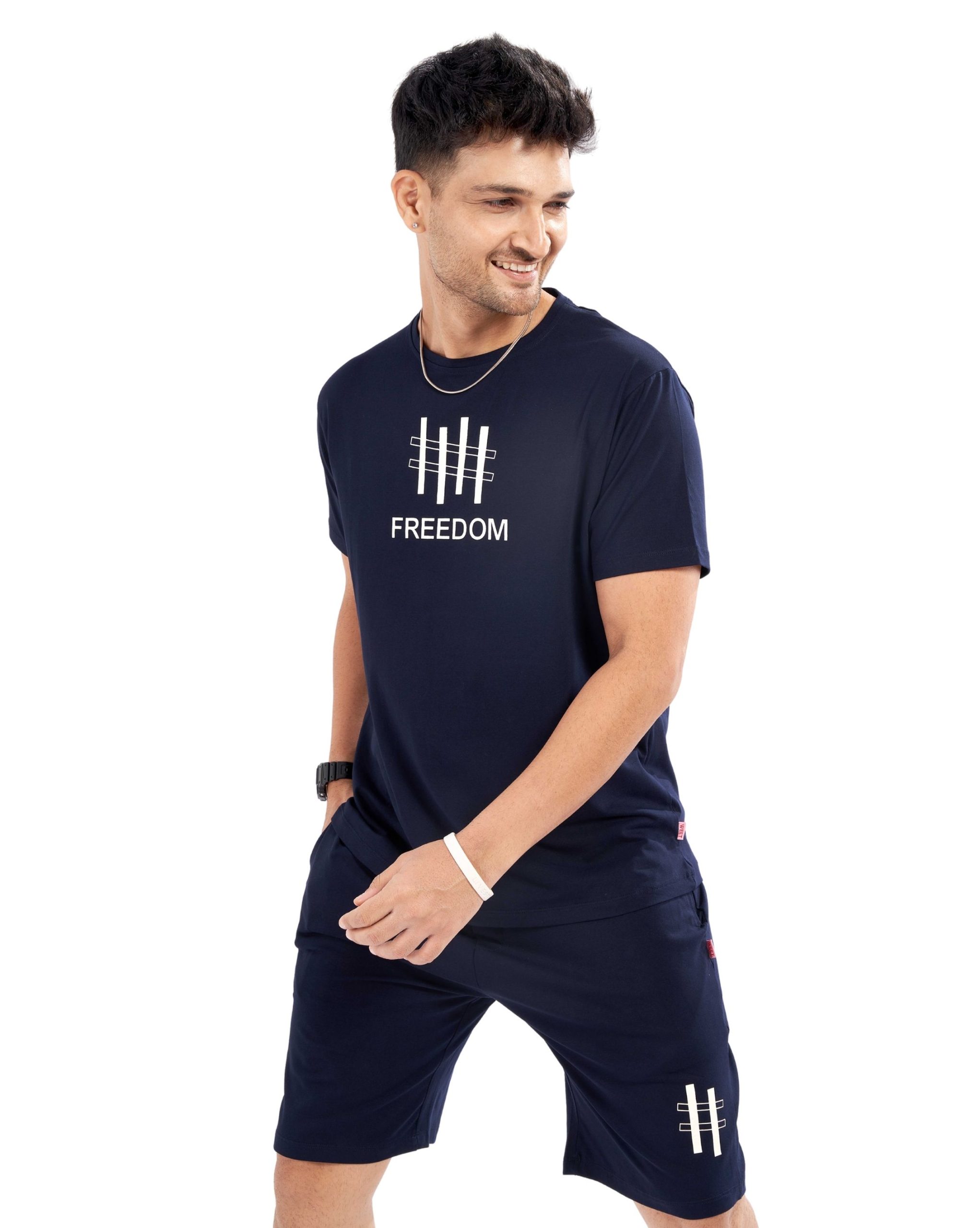 Model showcasing Men's Navy Blue Casual Short Set with Freedom print in a casual setting
