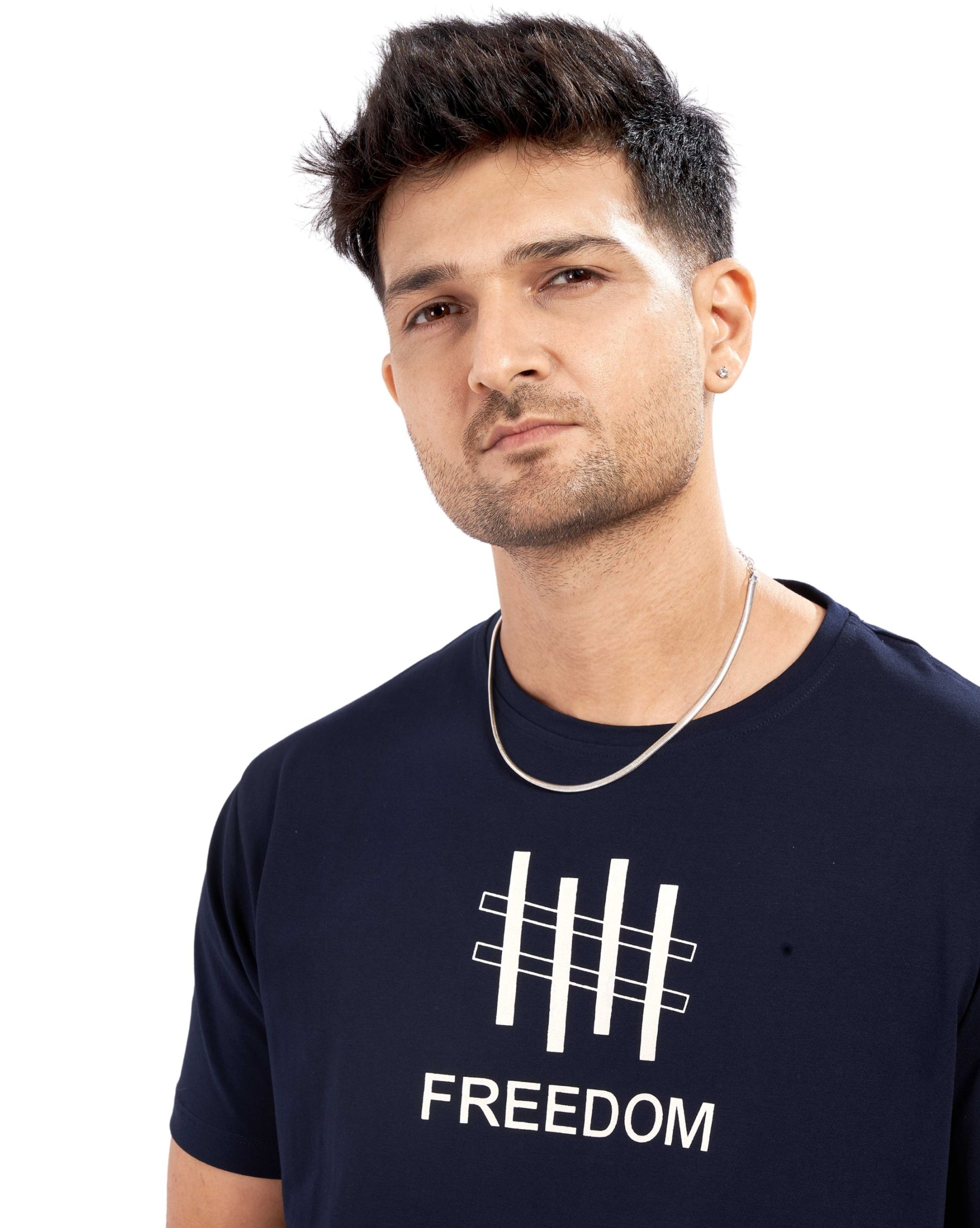 Close-up of fabric texture of Men's Navy Blue Casual Short Set with Freedom print Close-up of fabric texture of Men's Navy Blue Casual Short Set with Freedom print