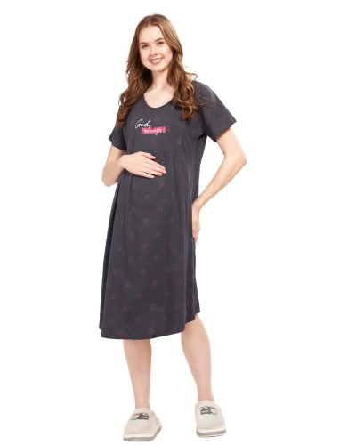 WEET Women's Cotton Heart Knee Length Maternity Nighty , Feeding Nighty Grey 9410