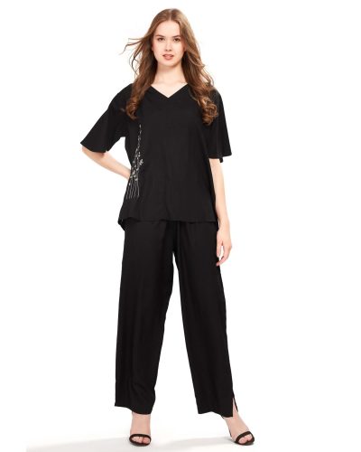 Women’s Embroidered Rayon Co-ord Set – V-Neck Top & Bottom with Pockets – Black