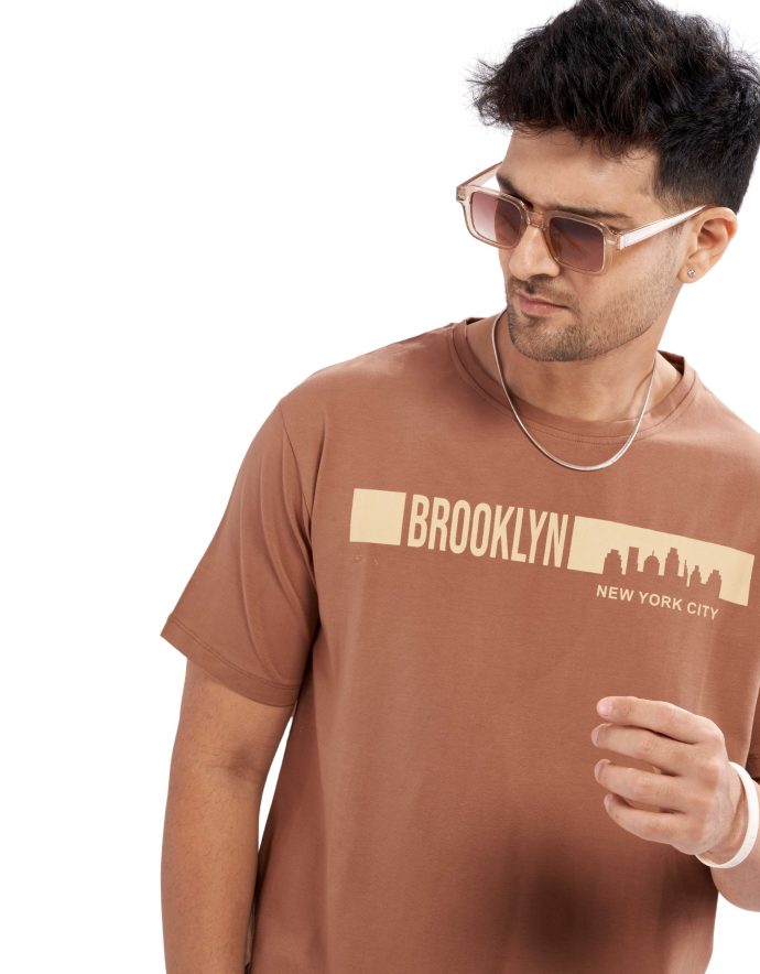 Detailed view of fabric texture of Men's Light Brown Brooklyn Printed Casual Short Set