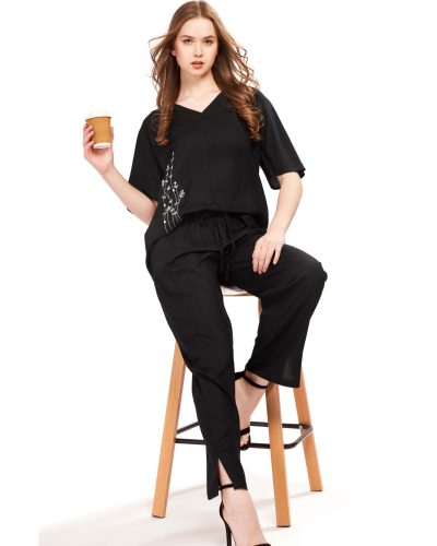 Women’s Embroidered Rayon Co-ord Set – V-Neck Top & Bottom with Pockets – Black