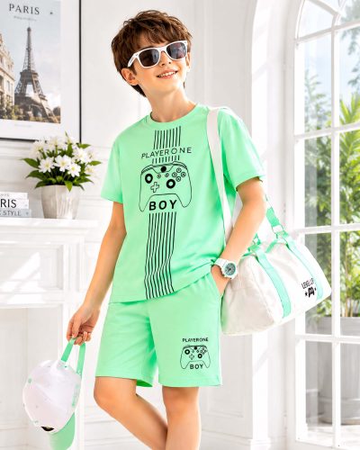 Boys Cotton Shorts Nightsuit Set | Printed T-Shirt & Shorts - Bright Green