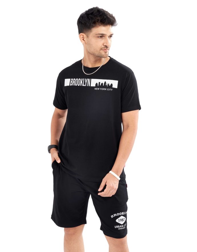 Side view of Men's Brooklyn Printed Black Casual Short Set highlighting comfort and style