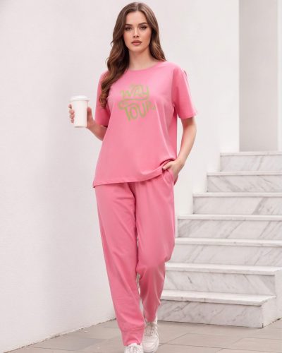 Weet Pink Cotton Pyjama Set for Women – Printed Co-ord Pj Sets