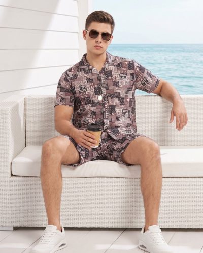 WEET Men's Printed Co-ord Set | Cotton Casual Matching Short Sleeve Collar Shirt and Shorts Night Suit for Men 171B