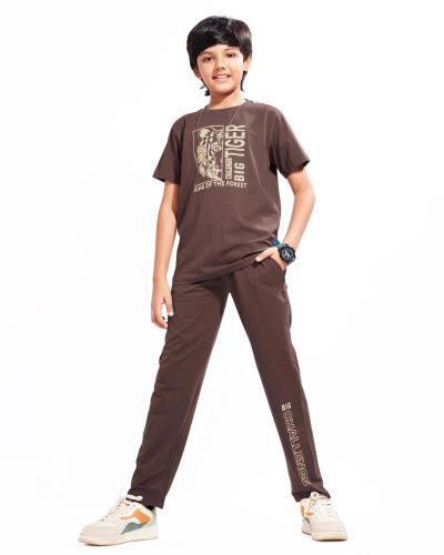 WEET Boys Cotton Pyjama Set with T-Shirt | Printed Nightsuit & Coord Set for Kids –Chocolate Brown