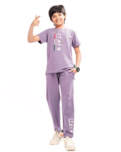 WEET Boys Cotton Pyjama Set with T-Shirt | Printed Nightsuit & Coord Set for Kids – Purple