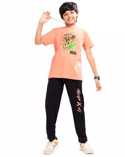 WEET Boys Cotton Pyjama Set with T-Shirt | Printed Nightsuit & Coord Set for Kids – Peach