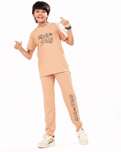 WEET Boys Cotton T-Shirt and Pyjama Set | Printed Nightwear Coord Set – Peach