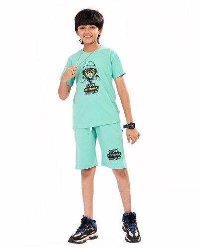 Boys Cotton Shorts Nightsuit Set | Printed T-Shirt & Shorts - Turquoise Blue