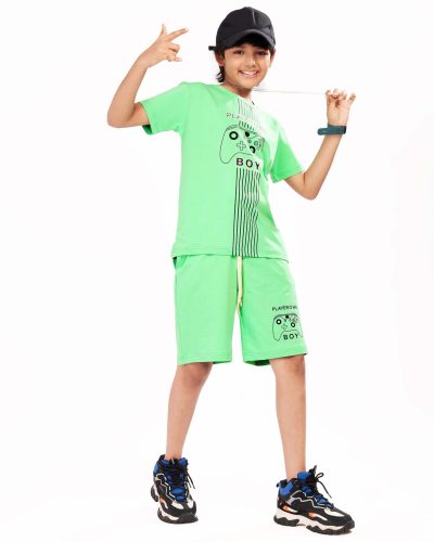 Boys Cotton Shorts Nightsuit Set | Printed T-Shirt & Shorts - Bright Green