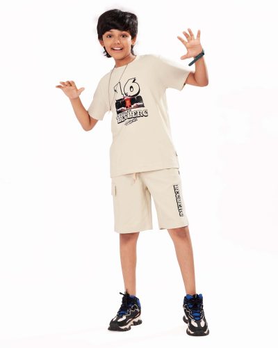 Boys Cotton Shorts Nightsuit Set | Printed T-Shirt & Shorts -Beige