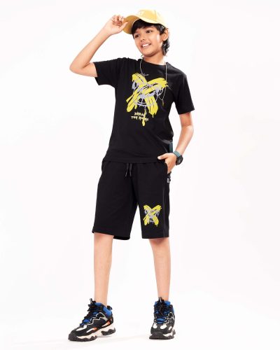 Boys Cotton Shorts Nightsuit Set | Printed T-Shirt & Shorts -Black