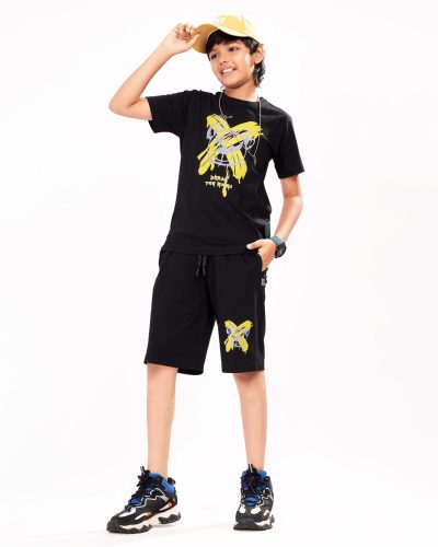 Boys Cotton Shorts Nightsuit Set | Printed T-Shirt & Shorts -Black