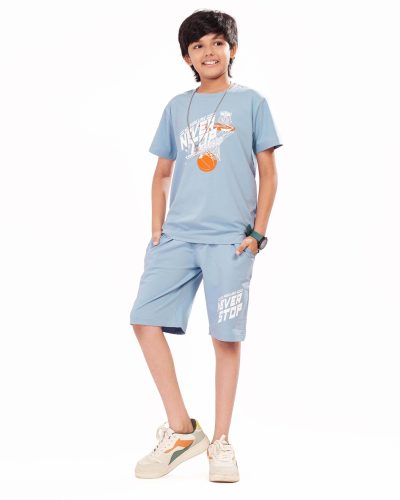 Boys Cotton Shorts Nightsuit Set | Printed T-Shirt & Shorts - Sky Blue