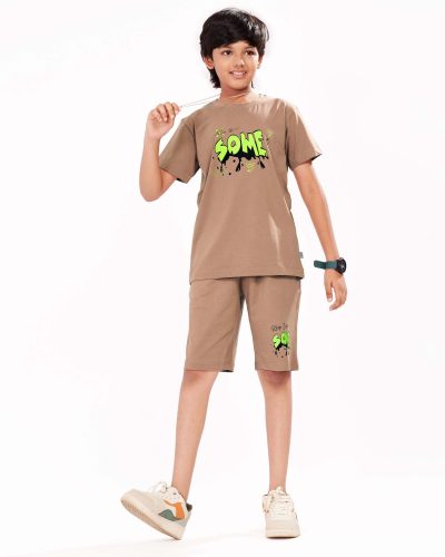 Boys Cotton Shorts Nightsuit Set | Printed T-Shirt & Shorts - Light Brown
