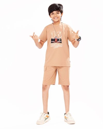 Boys Cotton Shorts Nightsuit Set | Printed T-Shirt & Shorts - Peach
