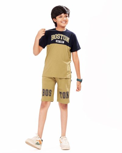 Boys Cotton Shorts Nightsuit Set | Printed T-Shirt & Shorts - Khaki