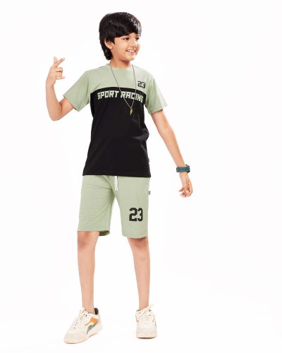 Boys Cotton Shorts Nightsuit Set | Printed T-Shirt & Shorts - Light Green