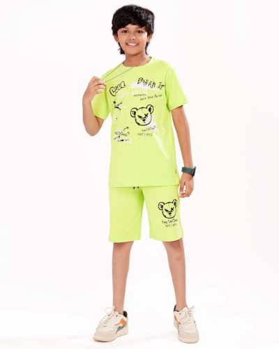 Boys Cotton Shorts Nightsuit Set | Printed T-Shirt & Shorts -Lime Yellow