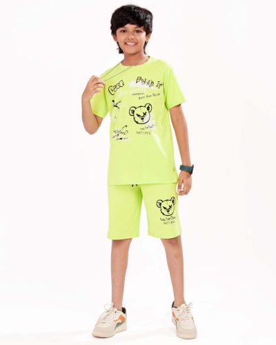Boys Cotton Shorts Nightsuit Set | Printed T-Shirt & Shorts -Lime Yellow