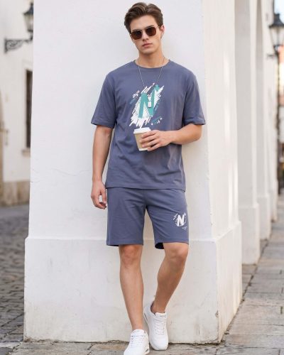 Denim Blue Men's Round Neck T-shirt and Shorts Set
