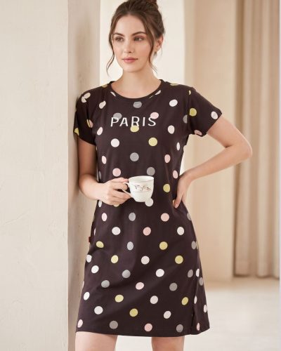 Soft Cotton Brown Paris Printed Short Nightdress for Women