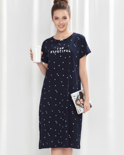 Women's Navy Blue Dot Printed Short Nighty