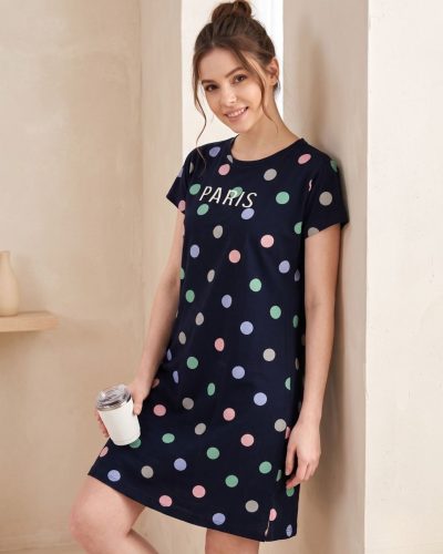 Soft Cotton Navy Blue Circle Printed Short Nightdress for Women