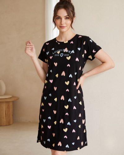 Soft Cotton Black Heart Printed Short Nightdress for Women