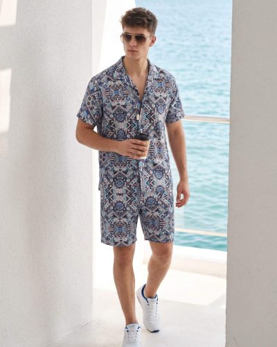 WEET Men's Printed Co-ord Set | Cotton Casual Matching Short Sleeve Collar Shirt and Shorts Night Suit for Men 175B