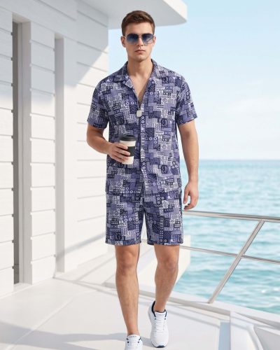 WEET Men's Printed Co-ord Set | Cotton Casual Matching Short Sleeve Collar Shirt and Shorts Night Suit for Men 171
