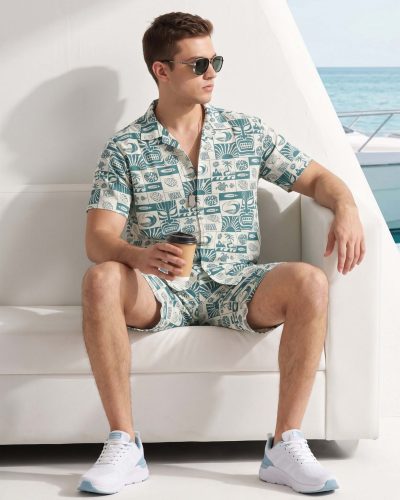 WEET Men's Printed Co-ord Set | Cotton Casual Matching Short Sleeve Collar Shirt and Shorts Night Suit for Men 177B