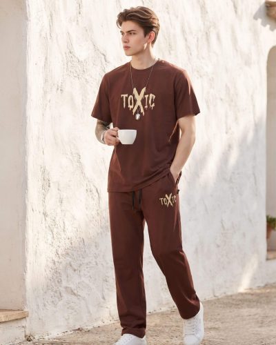 WEET Cotton T-Shirt and Pyjama Set for Men,       Night Wear for Men(Rust Brown)
