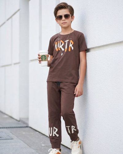WEET Boys Cotton T-Shirt and Joggers Set | Printed Nightwear Coord Set – Brown