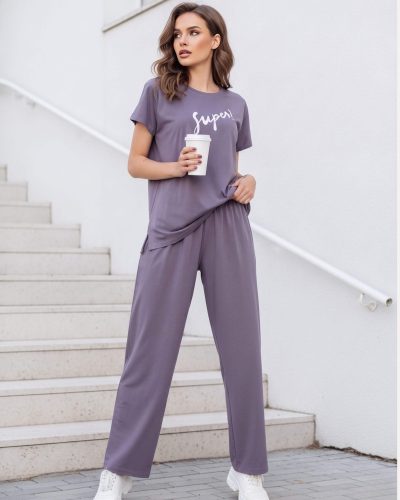 Weet Women’s Round Neck Pyjama Set Purple & Black Cotton Nightwear